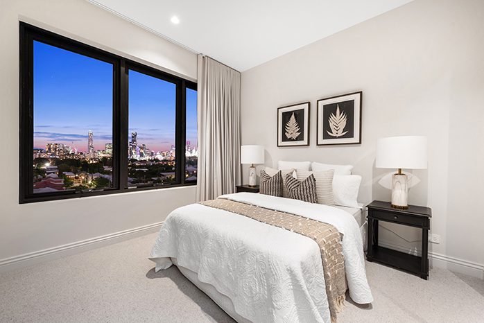 main bedroom with Brisbane city views photography